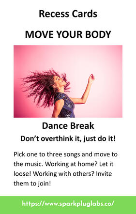 Recess Cards: Move your body, dance break and photo of woman dancing
