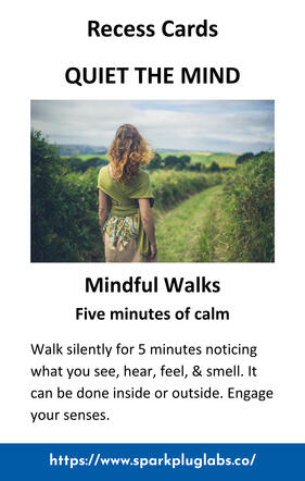 Recess cards, quite the mind, mindful walks and photo of back of woman walking in a field