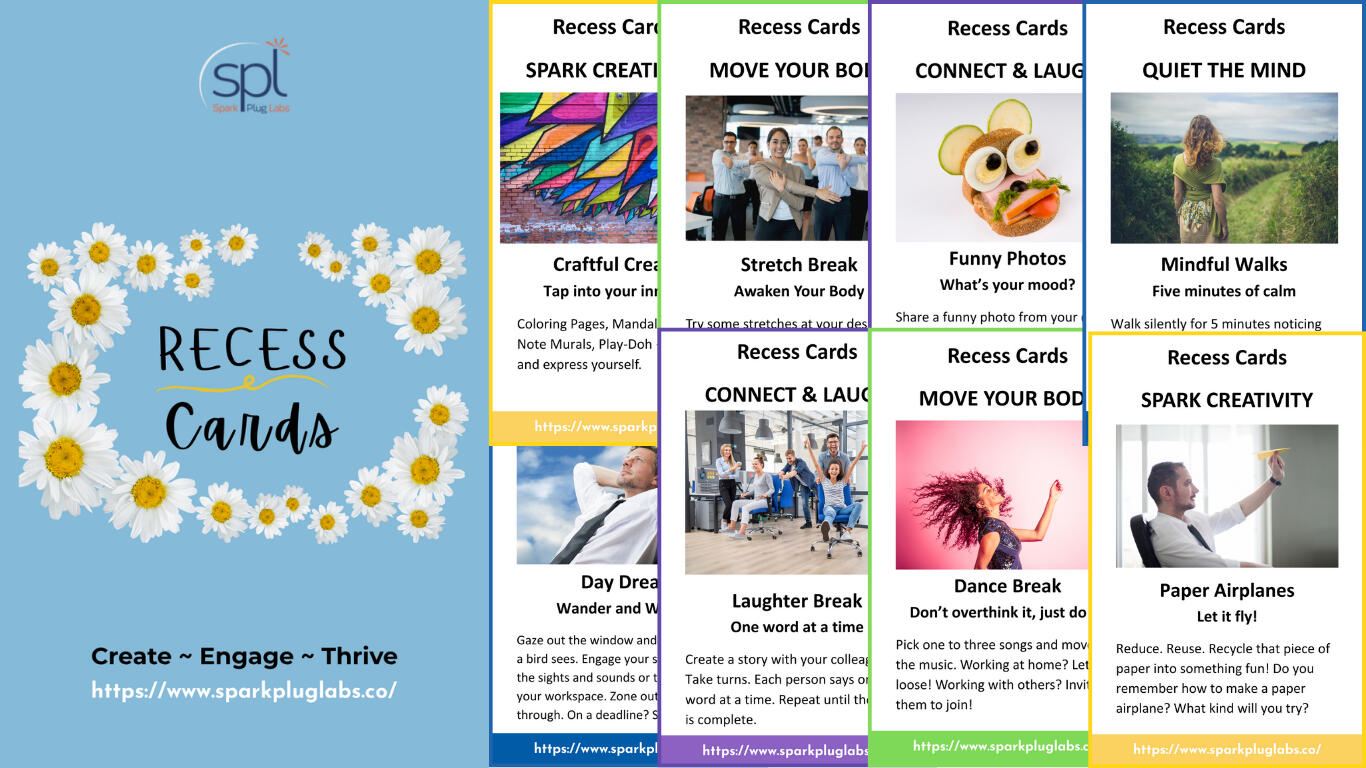 Recess Cards collage collage of sample recess cards by Spark Plug Labs